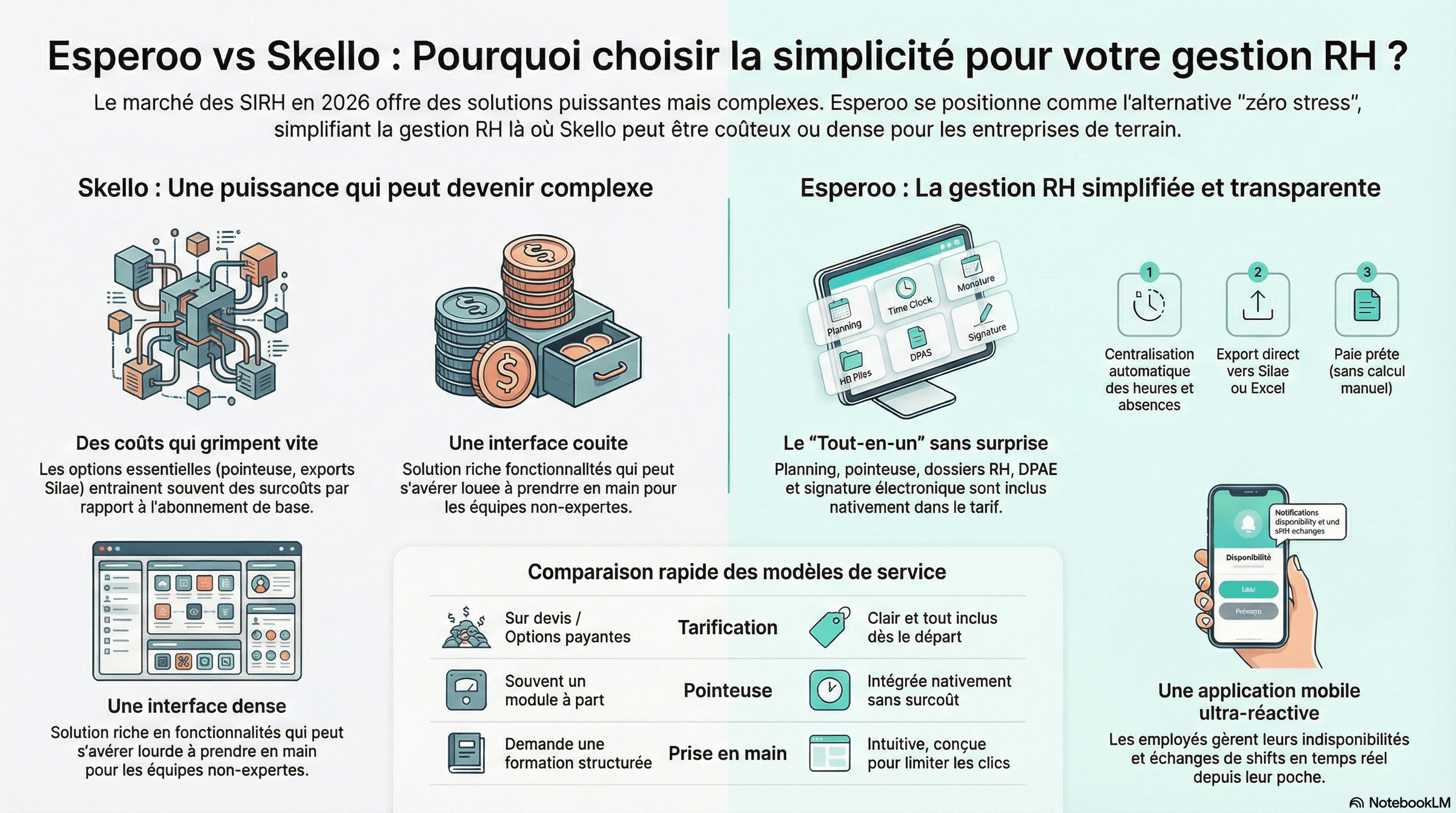Infographie comparative présentant Esperoo comme une alternative simplifiée et économique à Skello pour la gestion RH. Elle met en avant une interface fluide et tout-en-un 