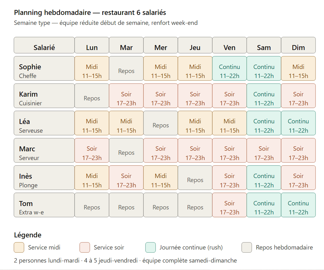 Exemple planning hebdomadaire restaurant 6 salariés