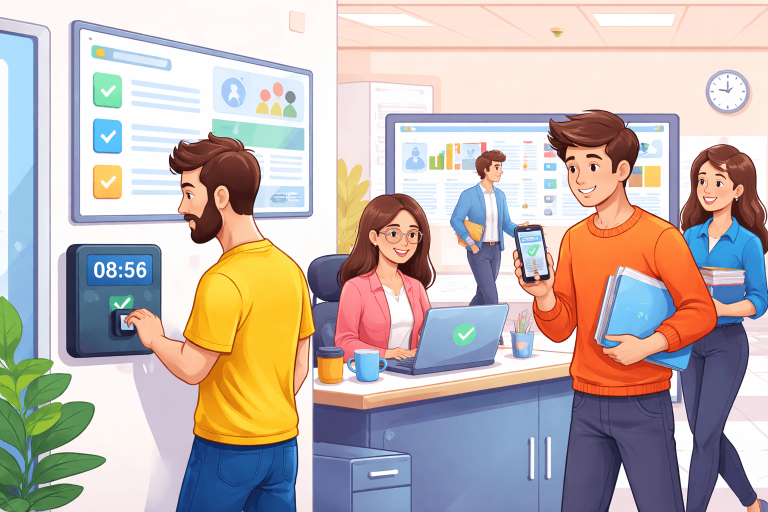 des salariés qui pointent via pointeuse horaire en entreprise